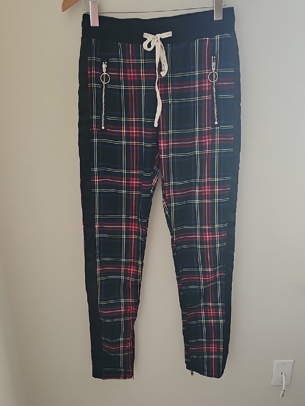 Womens KDNK  Navy‎ Plaid Drawstring Jogger Pants with Zippers. Size Small.